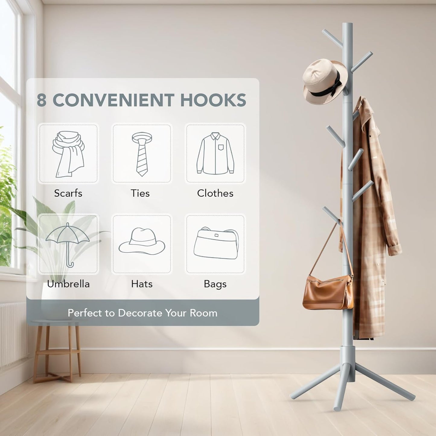 Wooden Tree Coat Rack Stand,Sturdy Freestanding Coat Rack with 8 Hooks,3 Adjustable Height for Child Adult,Wood Coat Stand Tree Fits Entryway Bedroom Office for Bags,Hats