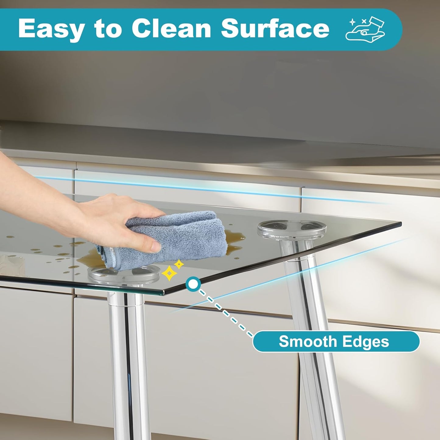 Dining Table for 6 Rectangular 47.2" Modern Glass Dining Table Kitchen & Dining Room Tables with Glass Tabletop and Metal Legs for Dining Room, Clear