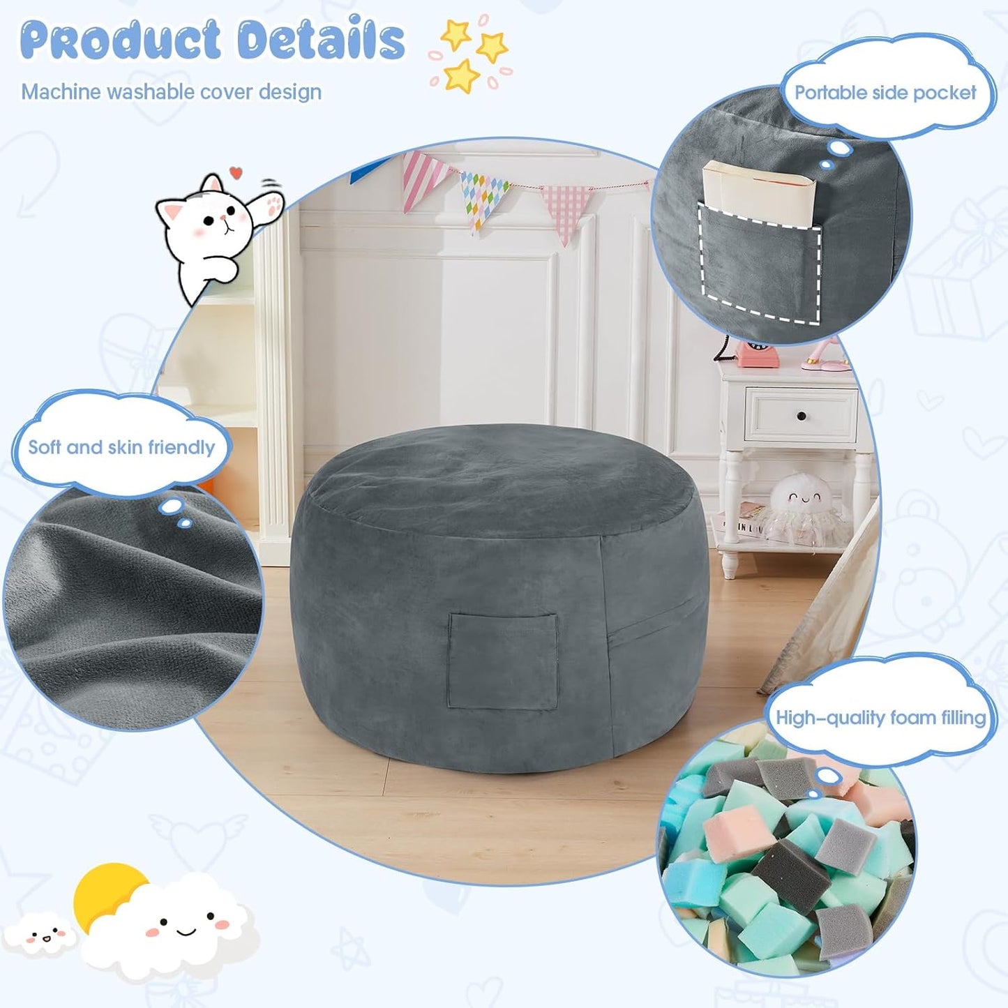 Kids Bean Bag Chair Bed - Convertible Lazy Chair to Floor Mattress with Filler - Small Beanbag Chair for Boys and Girls - Floor Couch Sofa in Bedroom, Classroom, Reading Nook - Charcoal
