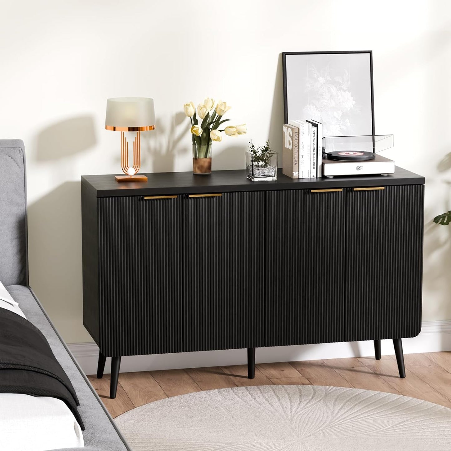 47.2" Buffet Cabinet with 4 Doors, Accent Sideboard Cabinet with Adjustable Shelf, Dining Room Sideboard with Waveform Panel, Credenzas for Living Room, Hallway, Black