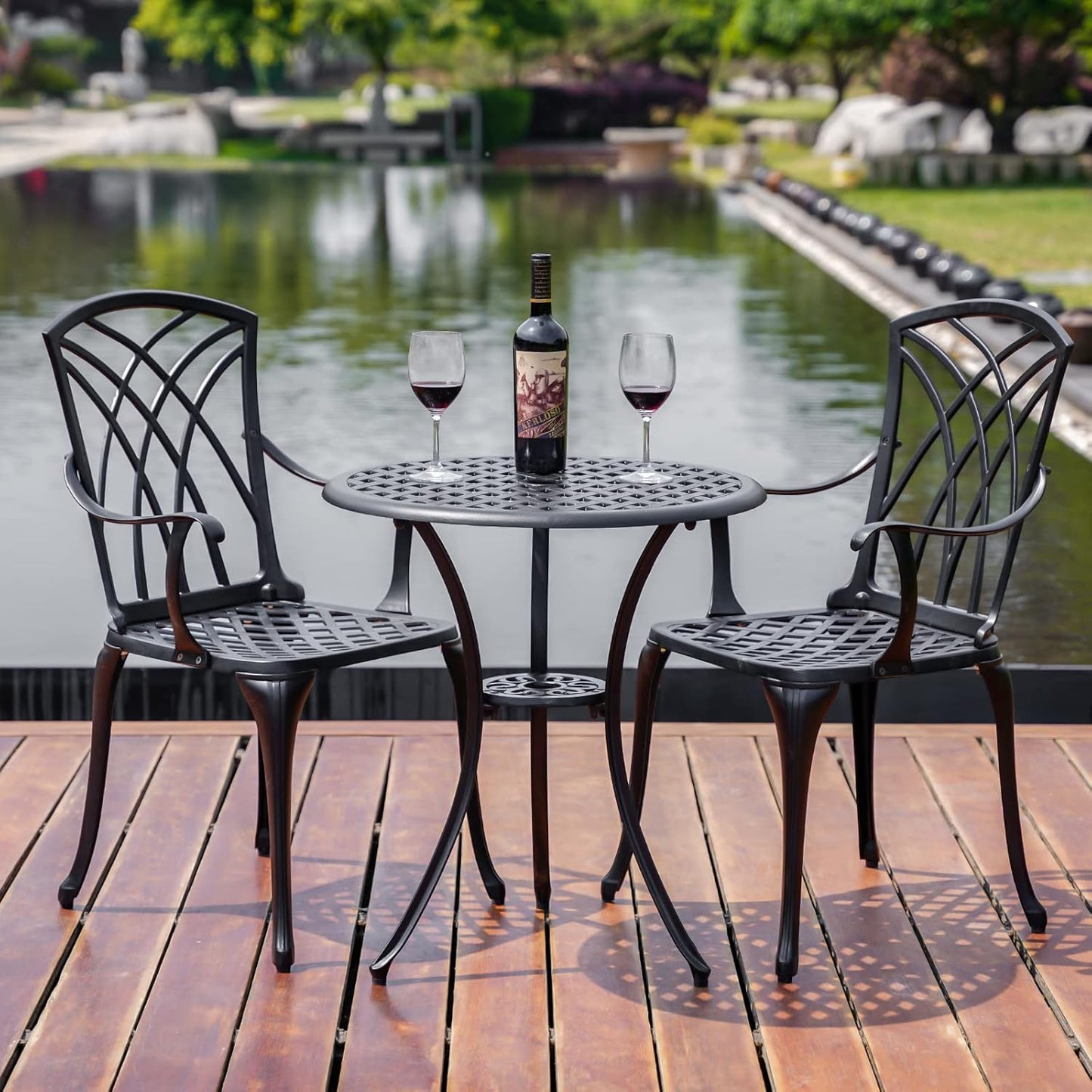 Outdoor 3 Piece Bistro Set Cast Aluminum Bistro Table and Chairs Set of 2, All Weather Bistro Patio Set, Patio Furniture for Garden Black