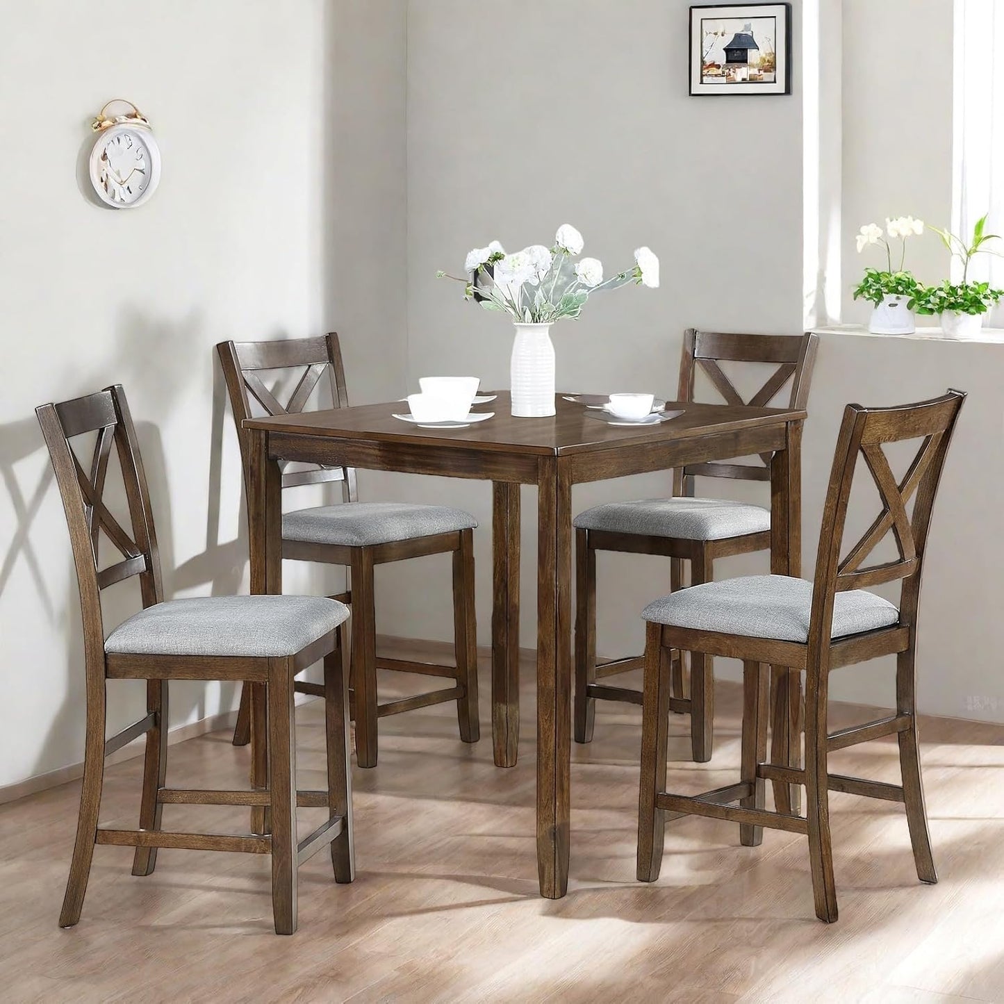 Dining Table Set for 4, Modern 5 Piece Dining Room Table Set with Square Table & 4 X-Shaped Backrest Upholstered Chairs, Counter Height Kitchen Chairs Set for Small Space, Walnut