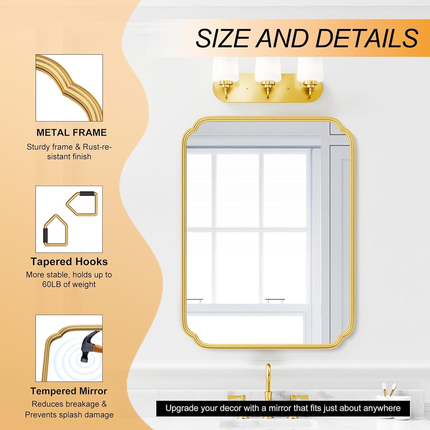 28"x36" Gold Bathroom Mirror with Rustproof Metal Frame, Modern Rounded Corner Wall Mirror for Vanity Over Sink, Horizontal/Vertical Hanging