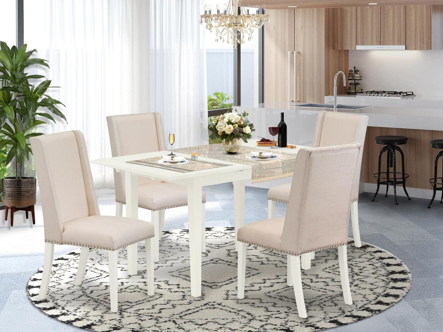 East West Furniture NOFL5-LWH-01 5 Piece Modern Dining Table Set Includes a Rectangle Wooden Table with Butterfly Leaf and 4 Cream Linen Fabric Upholstered Chairs, 32x54 Inch, Linen White