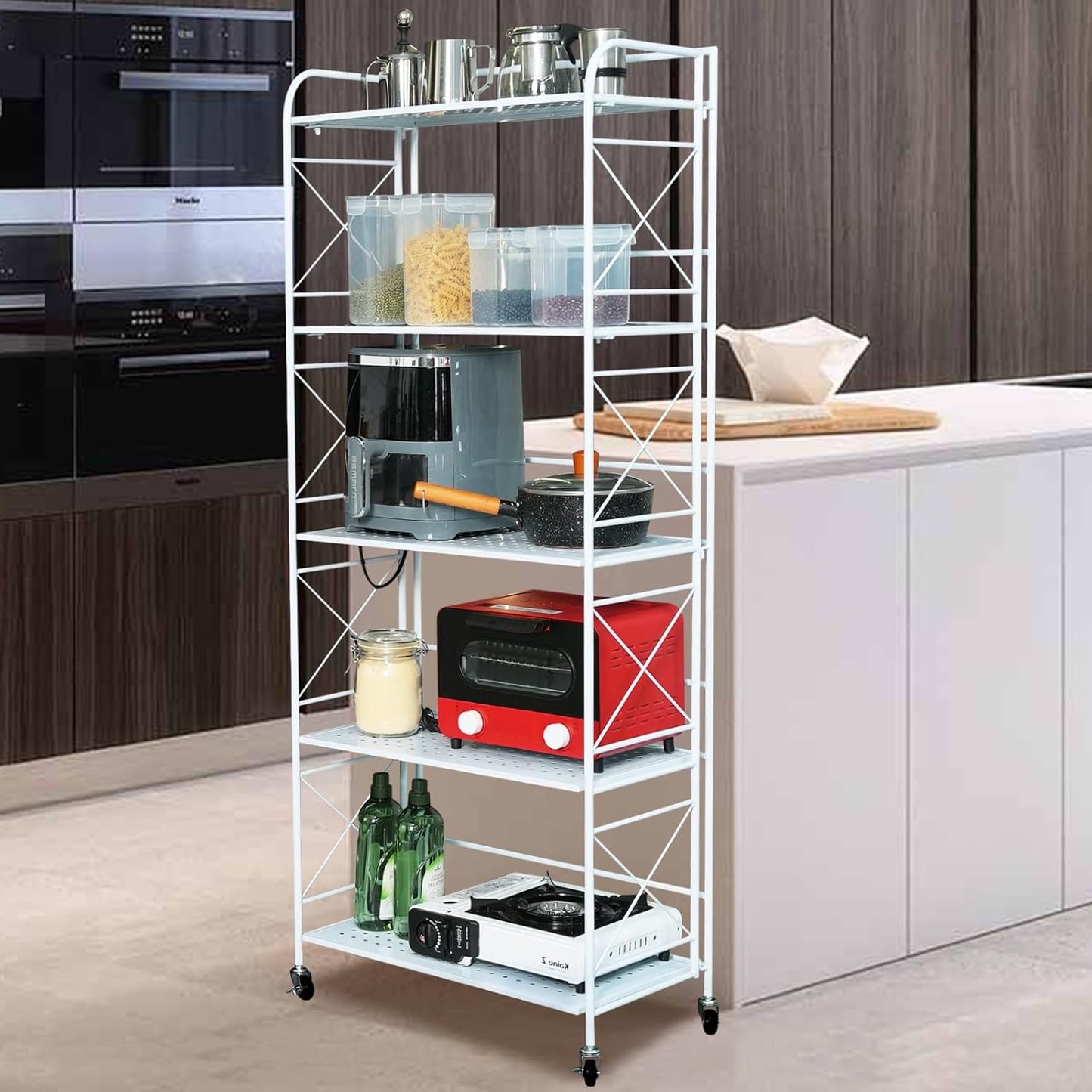 Foldable 4-Tier Metal Shelf with Wheels - Folding Bookshelf Unit for Living Room, Kitchen, Study 12.6" D x 23.6" W x 46.8" H, Glossy White