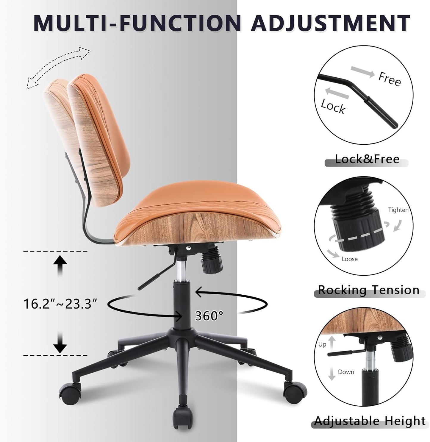 Home Office Chair No Arms with Wheels, Adjustable Height PU Leather Mid Back, 360 Swivel Computer Small Desk Chair, Armless Modern Walnut Style for Office, Reading Meeting Room(Brown)