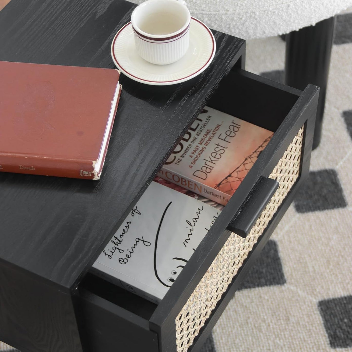 AWASEN Mid Century Modern Nightstand, Rattan Side Table with Drawer, Black Bedside Table with Storage and Solid Wood Legs for Living Room, Bedroom and Small Space (Black)