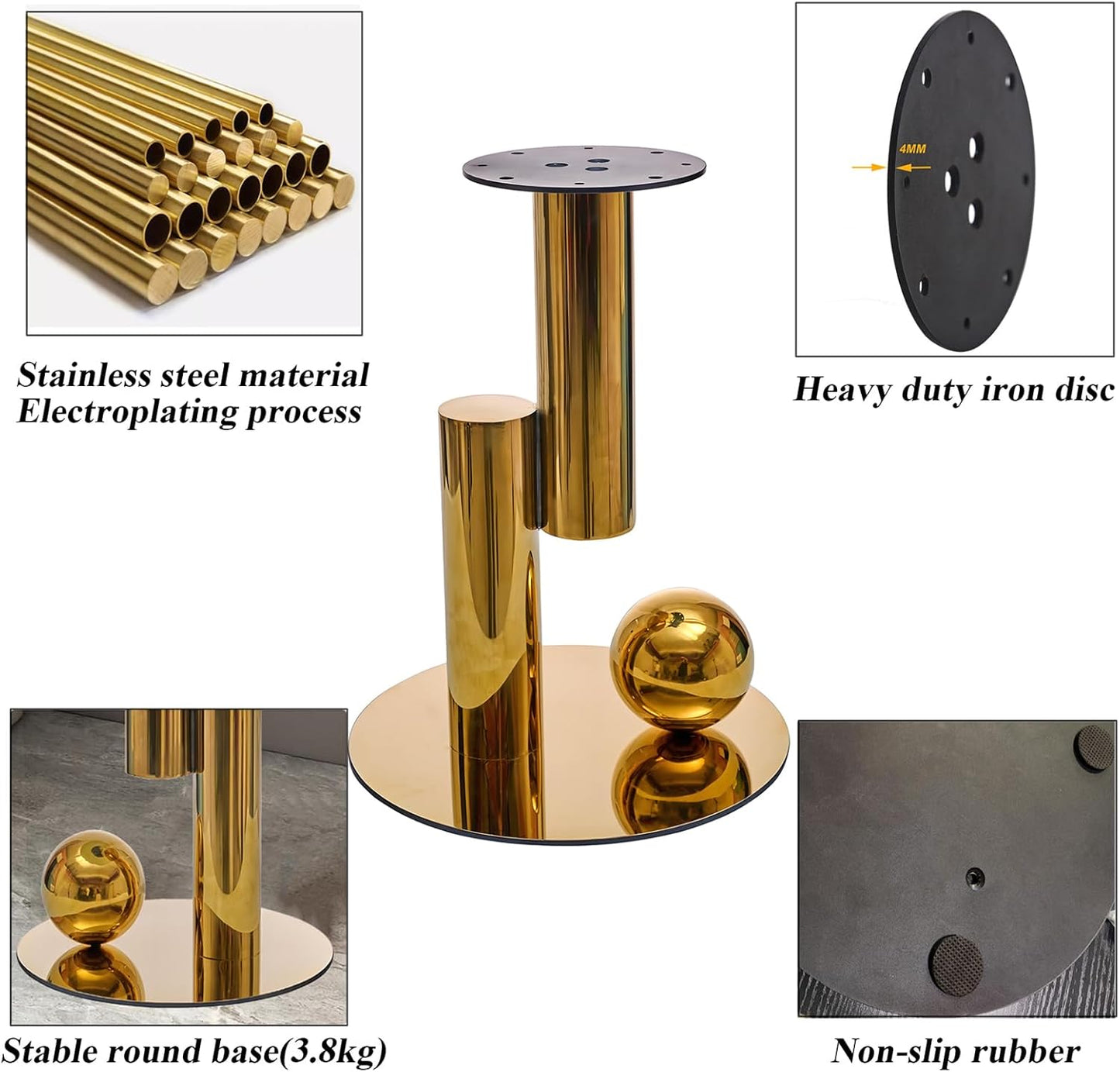 White Gold Round Side Table, 19.7" Faux Marble Sofa End Table, Modern Nightstand, Small Accent Table with Stainless Steel Ball/Cylindrical Frame, for Living Bedroom Office (Gold, 50cm/19.7")