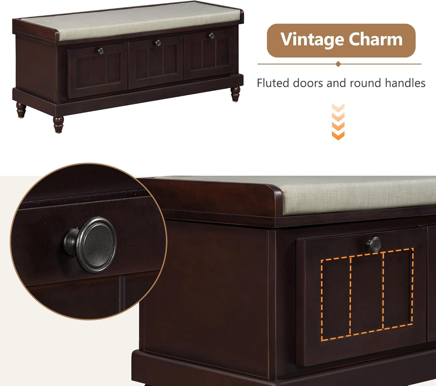 Merax Classic Storage Bench with Cushioned Seat and Three Drawers for Entryway & Living Room & Bedroom, Espresso