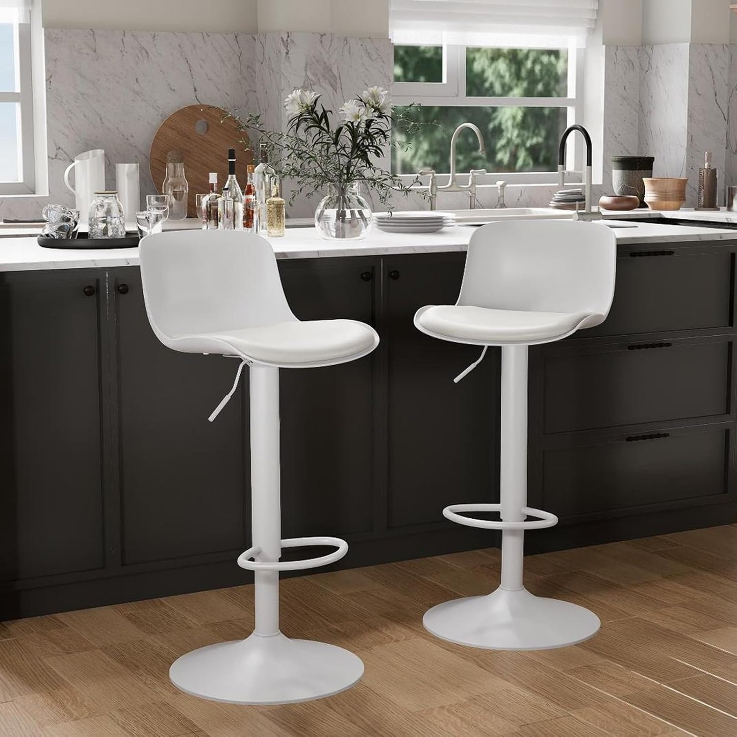 YOUTASTE White Bar Stools Set of 2 Adjustable Counter Height Bar Stool PU Leather Metal Barstools with Back Swivel High Top Bar Chairs Home Kitchen