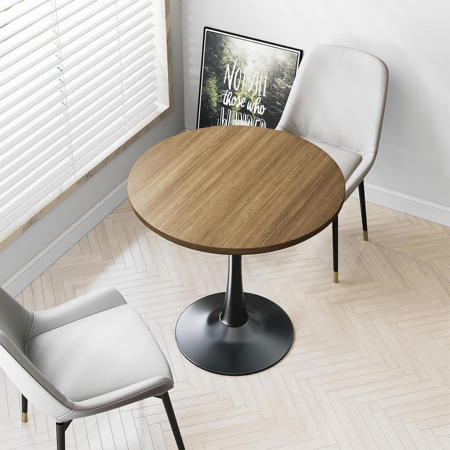 24" Small Tulip Table for 2 Person, Walnut Wood Round Dining Table for Kitchen, Mid Century Modern Table with Metal Pedestal Base for Cafe, Pub, Bar, Living Room, Bar, 24 inch Circle Bistro Tables