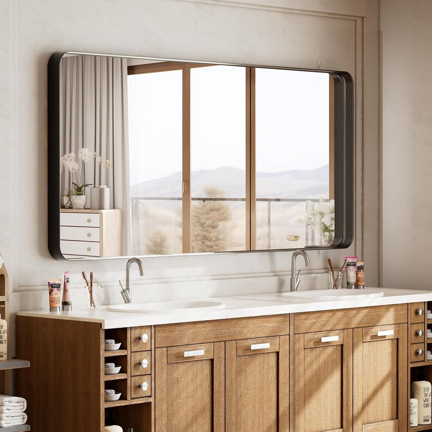 Large Bathroom Mirror 30x56 inch, Gorgeous Deep Frame Wall Vanity Mirror for Over Sink with Shatterproof Tempered Glass, Hanging Horizontal or Vertical, Black