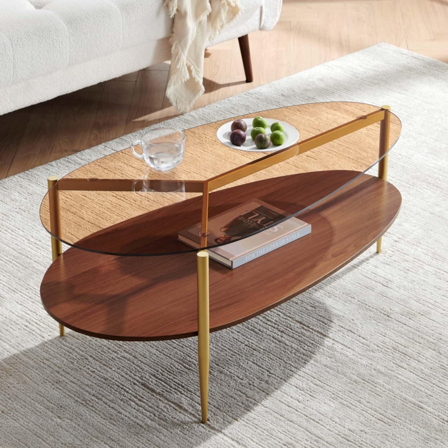 Oval Glass Coffee Table, Mid-Century Modern Design, L43 x W21 x H17 inch, for Living Room, 2-Tier Structure, Amber Glass Top, Walnut Finish Wood Shelf & Gold Finish Frame