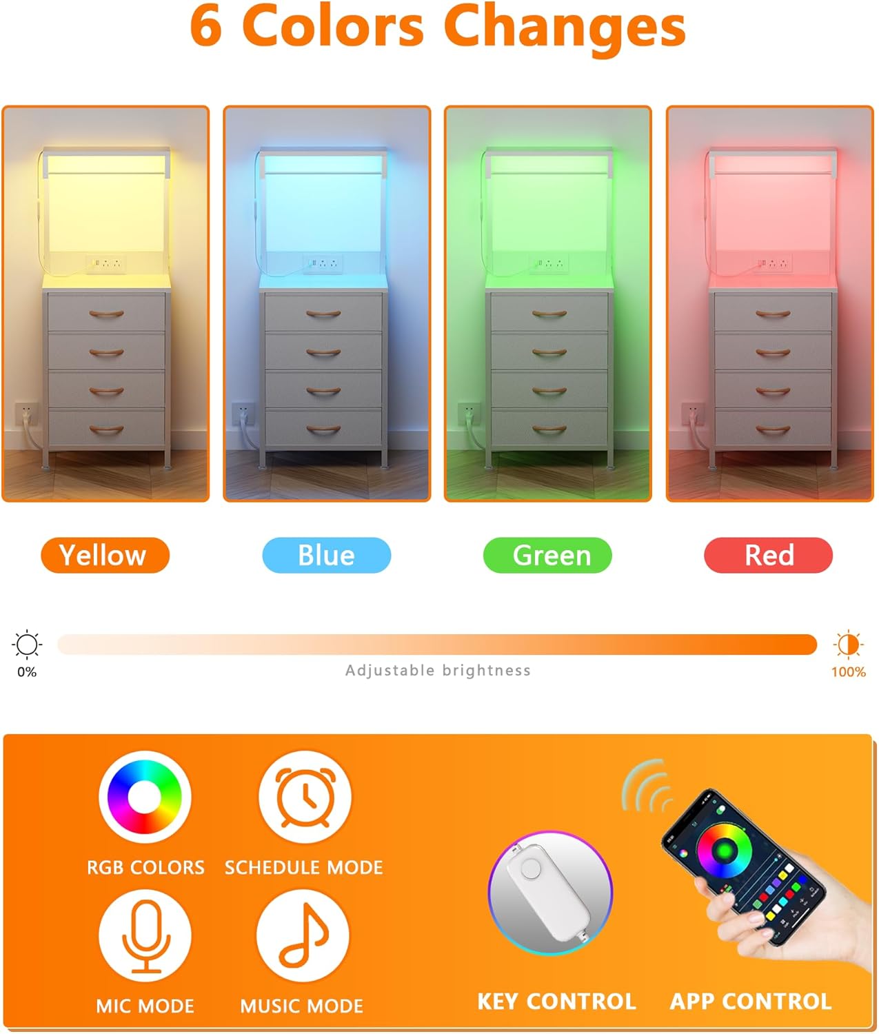 Furnulem Nightstand, White Tall Night Stand with Charging Station and LED Lights, Bedside Table for Bedroom, Office, Hallway, 4 Fabric Drawers, Metal Frame, Wood Shelves