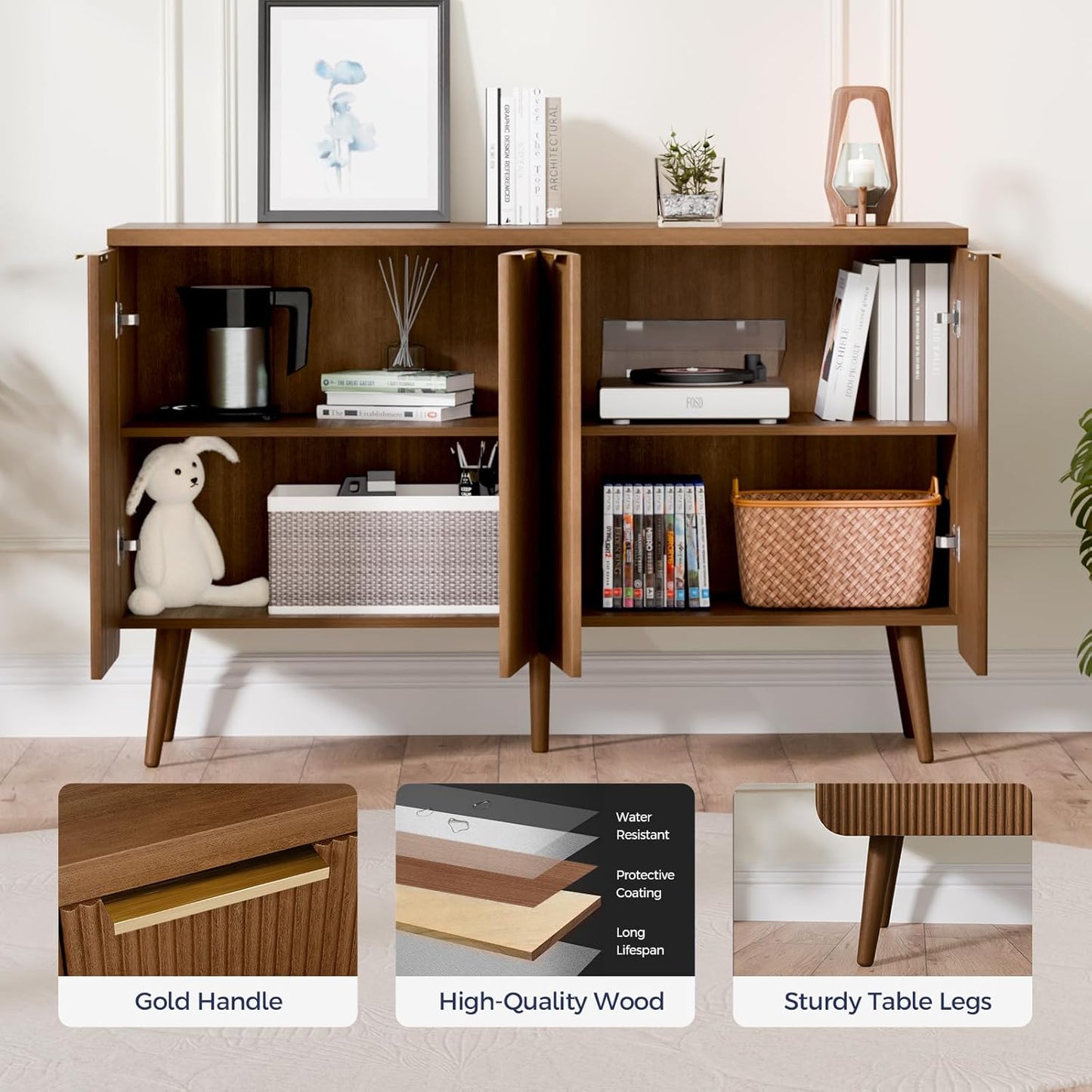 47.2" Buffet Cabinet with 4 Doors, Accent Sideboard Cabinet with Adjustable Shelf, Dining Room Sideboard with Waveform Panel, Credenzas for Living Room, Hallway, Walnut