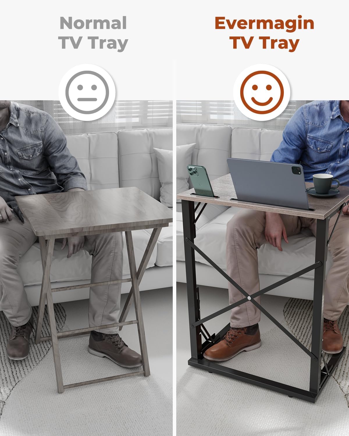 21''Wx28''H Folding TV Tray for Eating, Small Foldable C-Shaped Tray Table with Tablet and Phone Slots, Slide Under Couch Side Table for Recliner, Living Room, Bedroom, Greige