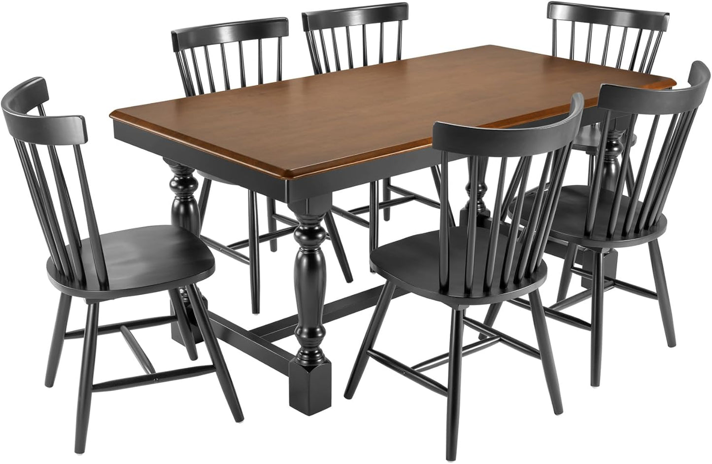 Bush Furniture Rectangular Dining Table Set for 6, with 67 inch Squire Trestle, High Back Spindle Dining Chairs, Farmhouse Transitional, Sterling Collection, Dark Brown and Black