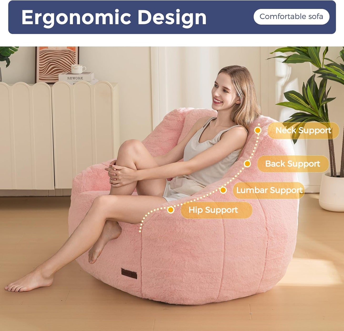 MAXYOYO Bean Bag Chair, Comfy Bean Bag Sofa with Back Support, Faux Fur Bean Bag Chair for Adults and Kids, Stuffed Floor Sofa for Living Room, Bedroom, Apartment, Pink