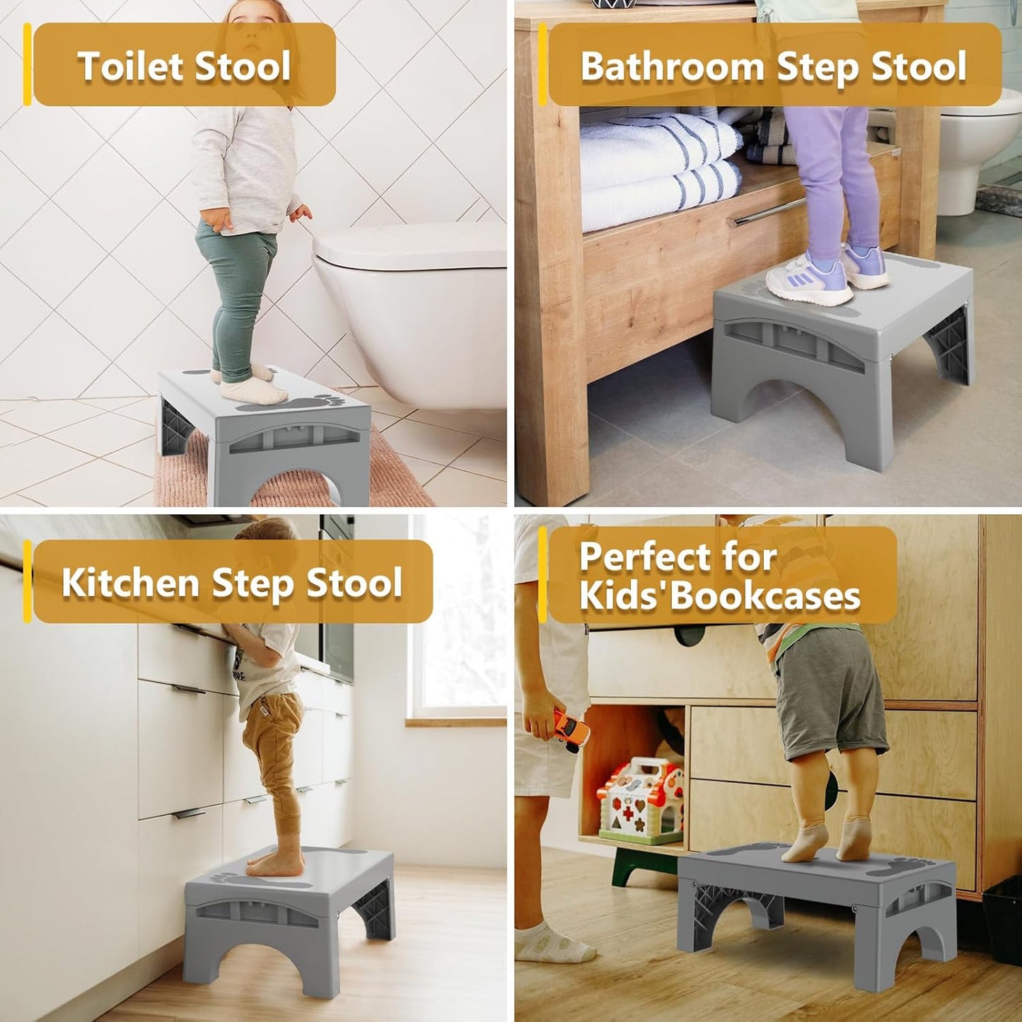 Folding Step Stool for Adults Kids, Heavy Duty Non-Slip Foldable Stepping Stool with 400-LBS Capacity, Safety Collapsible Foot Step Stool for Bathroom Bedroom Kitchen, Bed Steps for High Beds, Gray