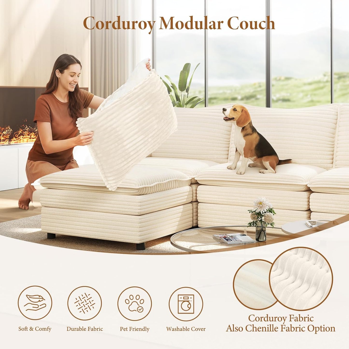 Vesgantti 142" U Shaped Sectional Couch, Comfy Cloud Modular Sectional Sofa with 2 Ottoman Deep Seat Corduroy Modern Cloud Sofa, Modular Sofas for Living Room, Bedroom and Apartment, Beige