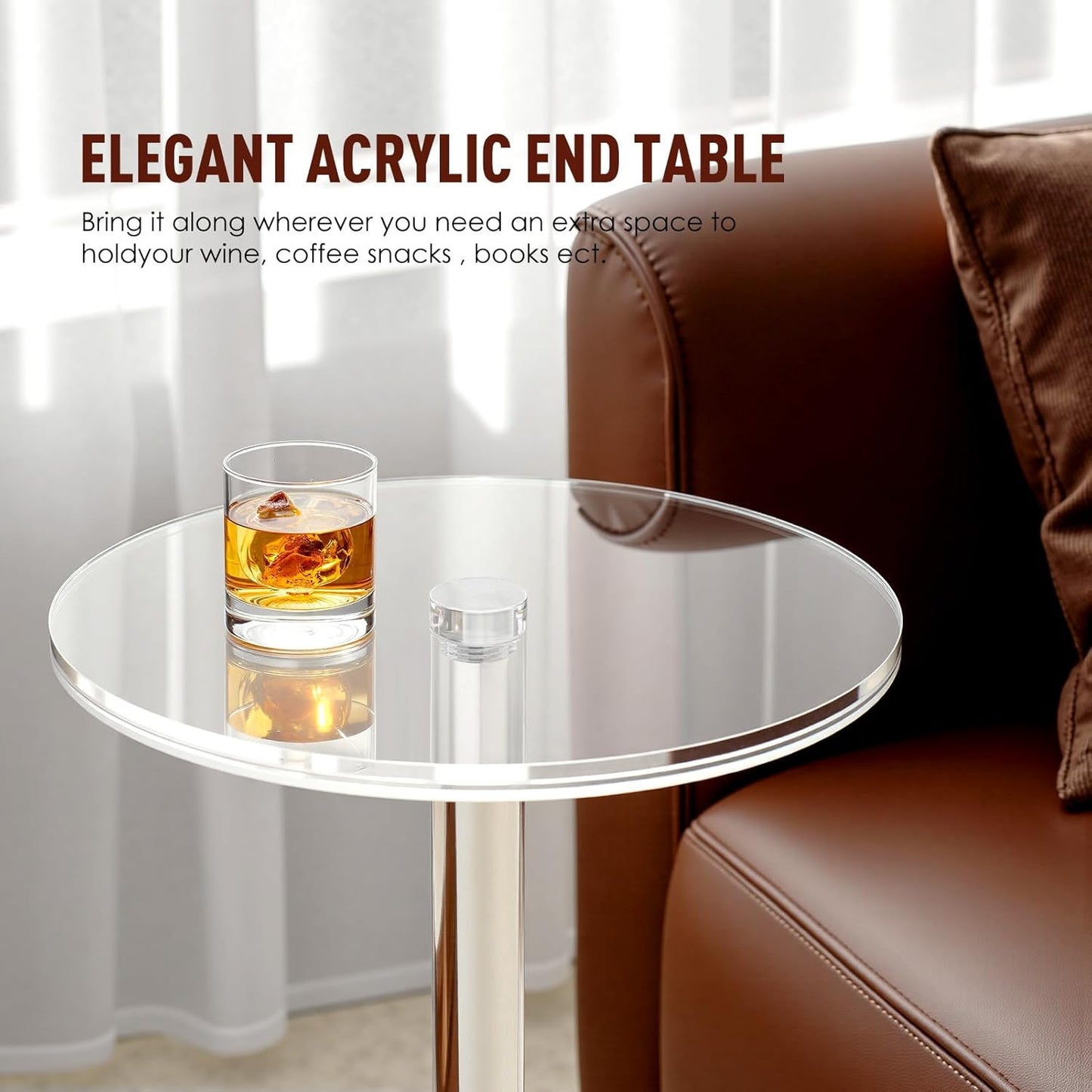 11.8" Round Clear Acrylic End Table - Modern Small Space Side Table for Living Room, Bedroom, Office, Outdoor | Sturdy, Easy to Install, Multi-Purpose