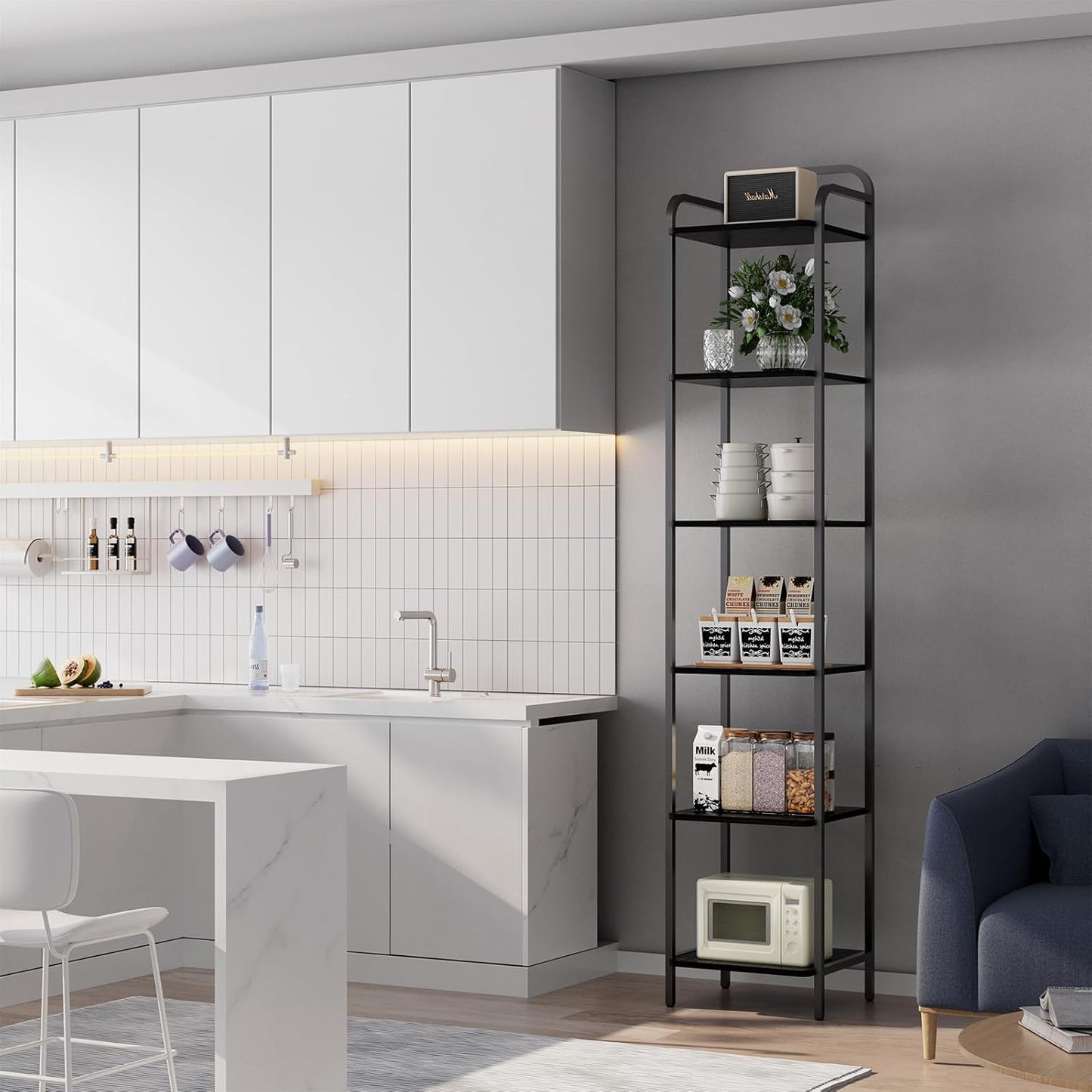 Book Shelf, 6 Tier Bookshelf, Bookcase with 6 Shelves, Storage Rack Organizer, Corner Wood Storage Shelf with Metal Frame for Bedroom, Living Room, Black