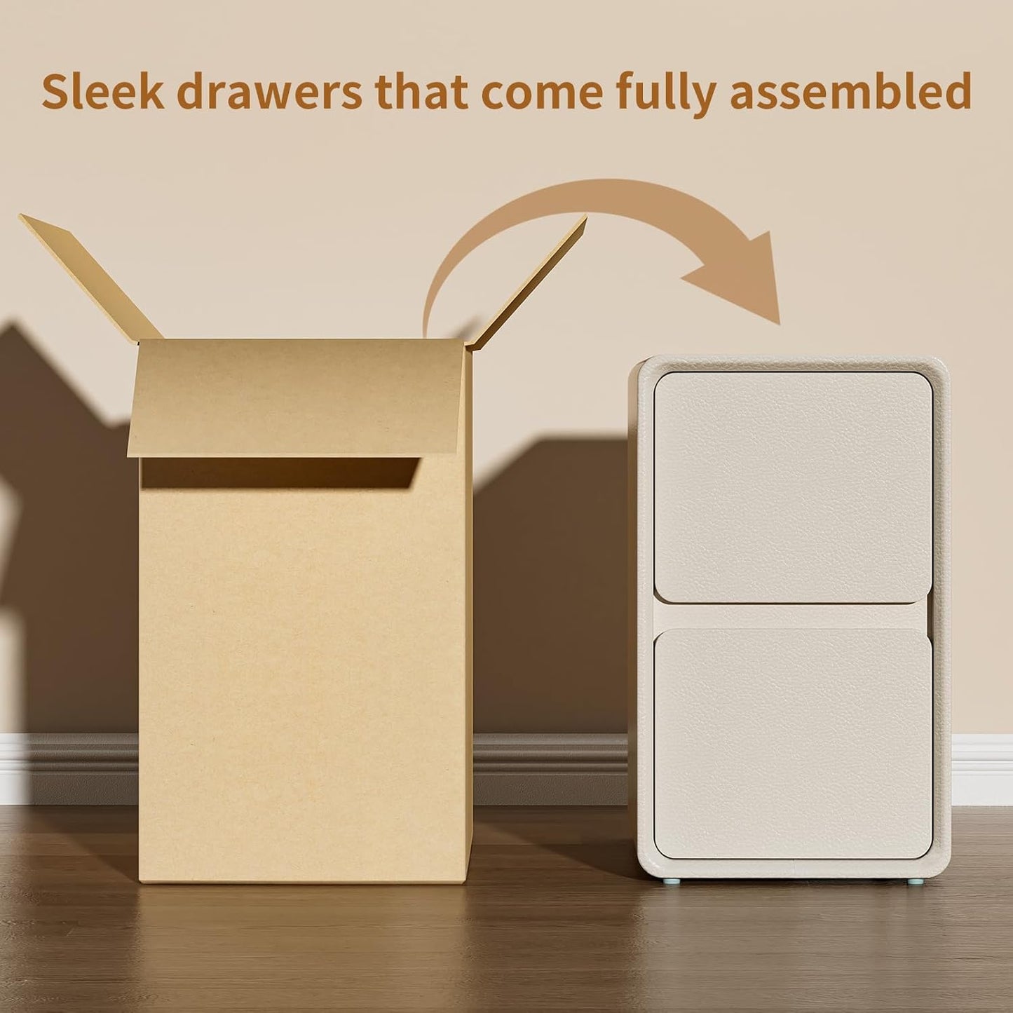 VICITON Modern Narrow Faux Leather Nightstand, Solid Wood Drawer, Storage Accent Table, Small Side End Table for Bedroom (Cream White, Nomal(12 inch))