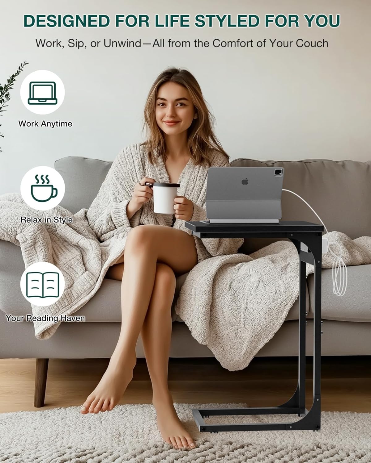 C-Shaped Side Table for Couch - Small Coffee Stand Sofa Tray Desk with Metal Frame Waterproof Scratch Resistant Wood Top and Built-in Charging Station, Black