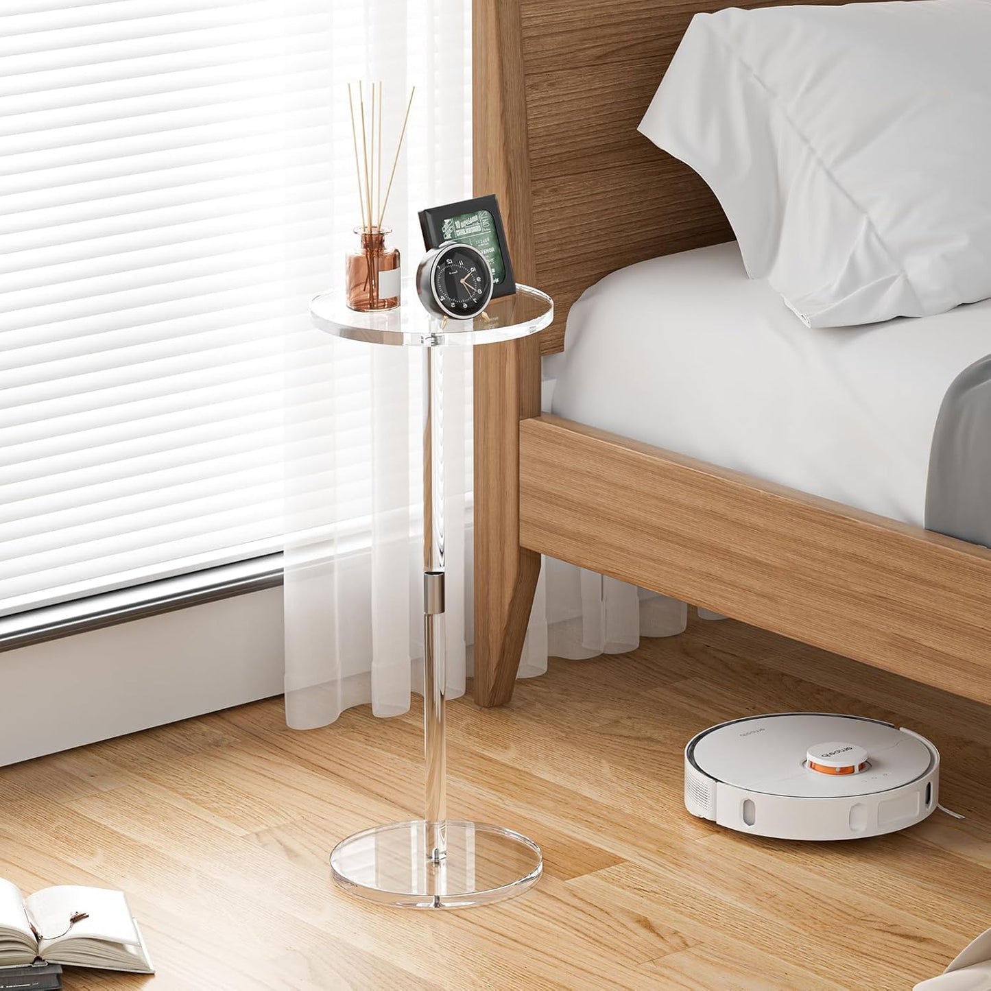 Acrylic Drink Table for Small Spaces, Clear Side Table, 10" L x 10" W x 21.3" H, Round End Table for Living Room, Bedroom, Office, Easy Assembly