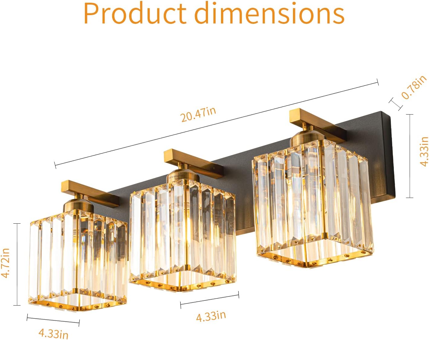 Modern Bathroom Vanity Light 3-Lights Black Gold Crystal Bathroom Wall Light Vanity Light Fixtures,20.47-inch Modern Minimalist Design