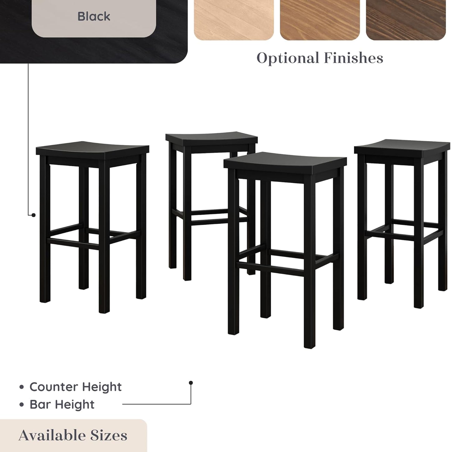 Grain & Grove Smith Collection Set of 4 Solid Wood Bar Stools, 30 inch Saddle-Seat Bar Chairs, Backless, Heavy-Duty Construction, Footrest Support, for Kitchen Islands, Home Bars, and Counters, Black