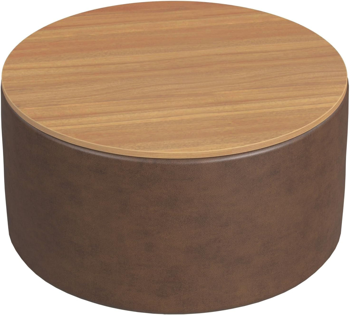HomePop Modern Fabric Storage Ottoman with Wood Top - Faux Brown Leather