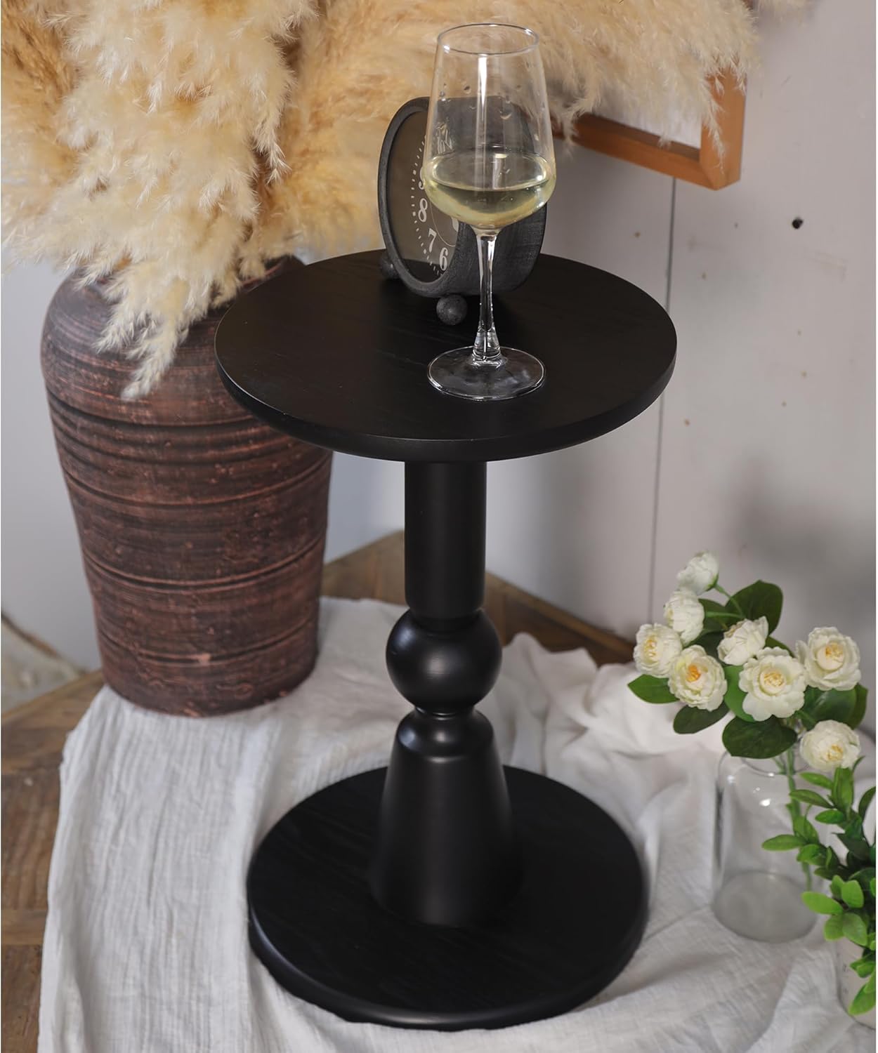 Round Side Table, 11.6 Inch Modern Accent End Table with Pedestal Base, Natural Wood (Black)