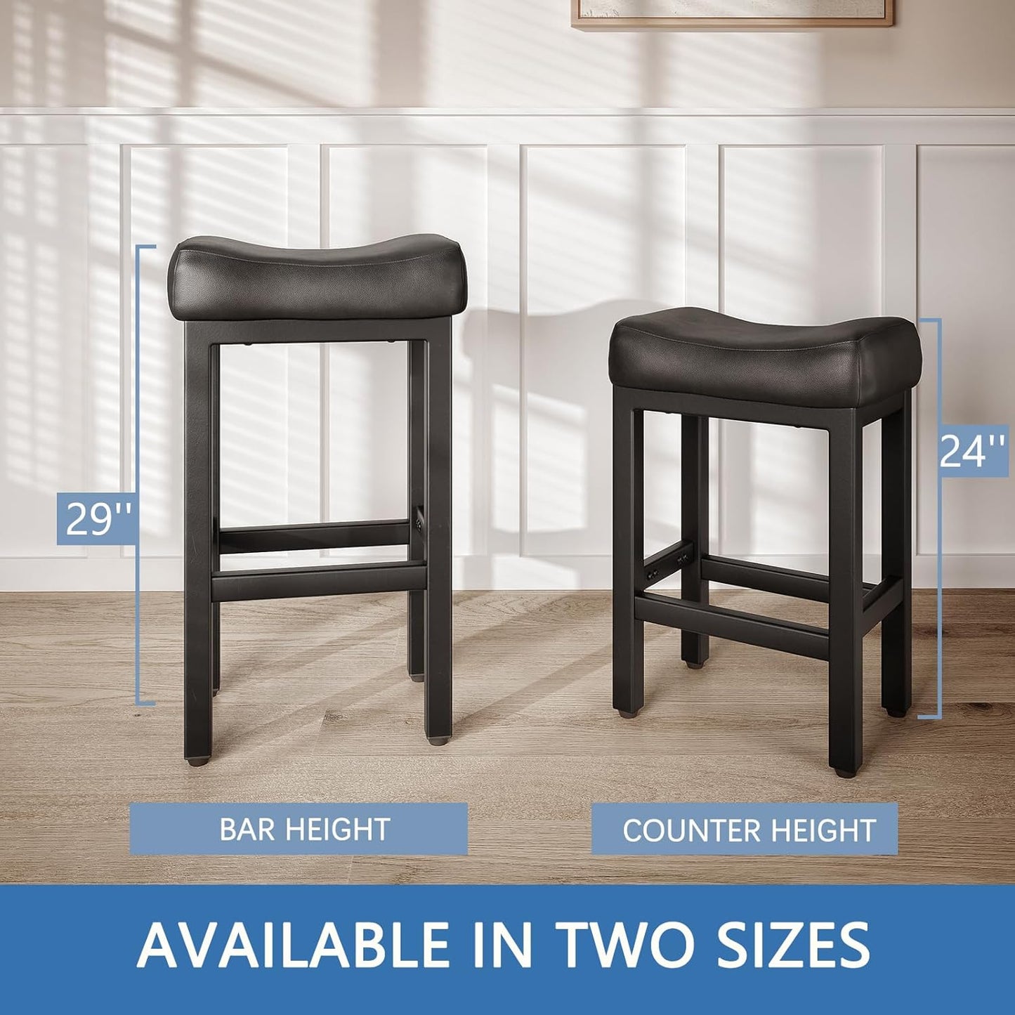 29 Inch Bar Height Bar Stools Set of 2, 29" Barstools for Kitchen Island Counter, Backless Bonded Leather Bar Height Stools with Thick Saddle Seats & Heavy Duty Metal Base, Easy Assembly, All Black