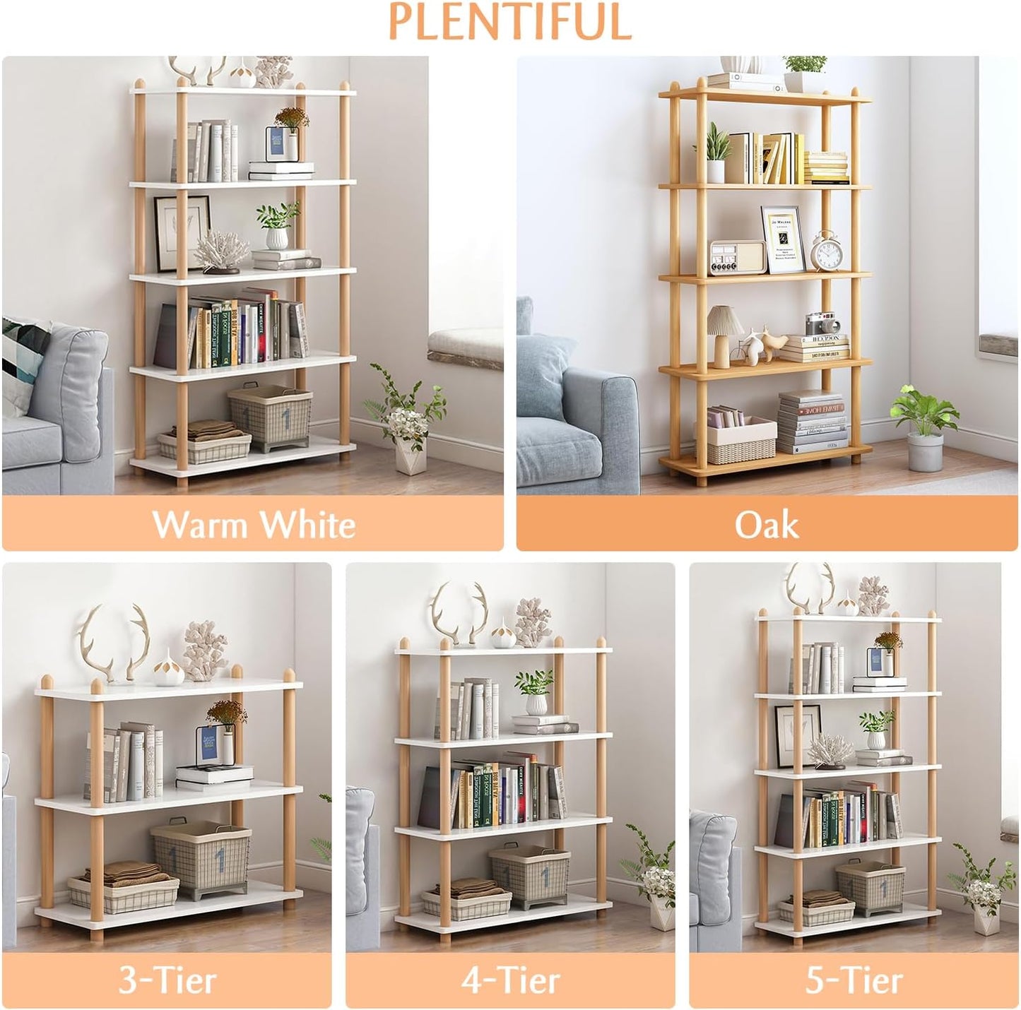 IOTXY 5-Tier Wooden Shelf Bookcase - Modern Open Bookshelf, Free Standing Storage Rack, Multifunctional Display Stand for Home and Office, Oak, Rectangle