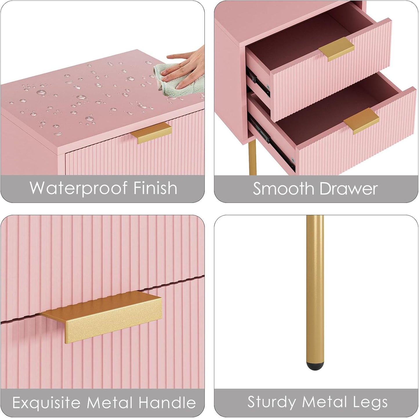 Nightstand,Morden Bedside Table with Gold Frame,Small White Night Stand,End Table,Bedside Furniture,Side Table with Drawer and Shelf for Bedroom,Living Room (2Drawers, Pink)