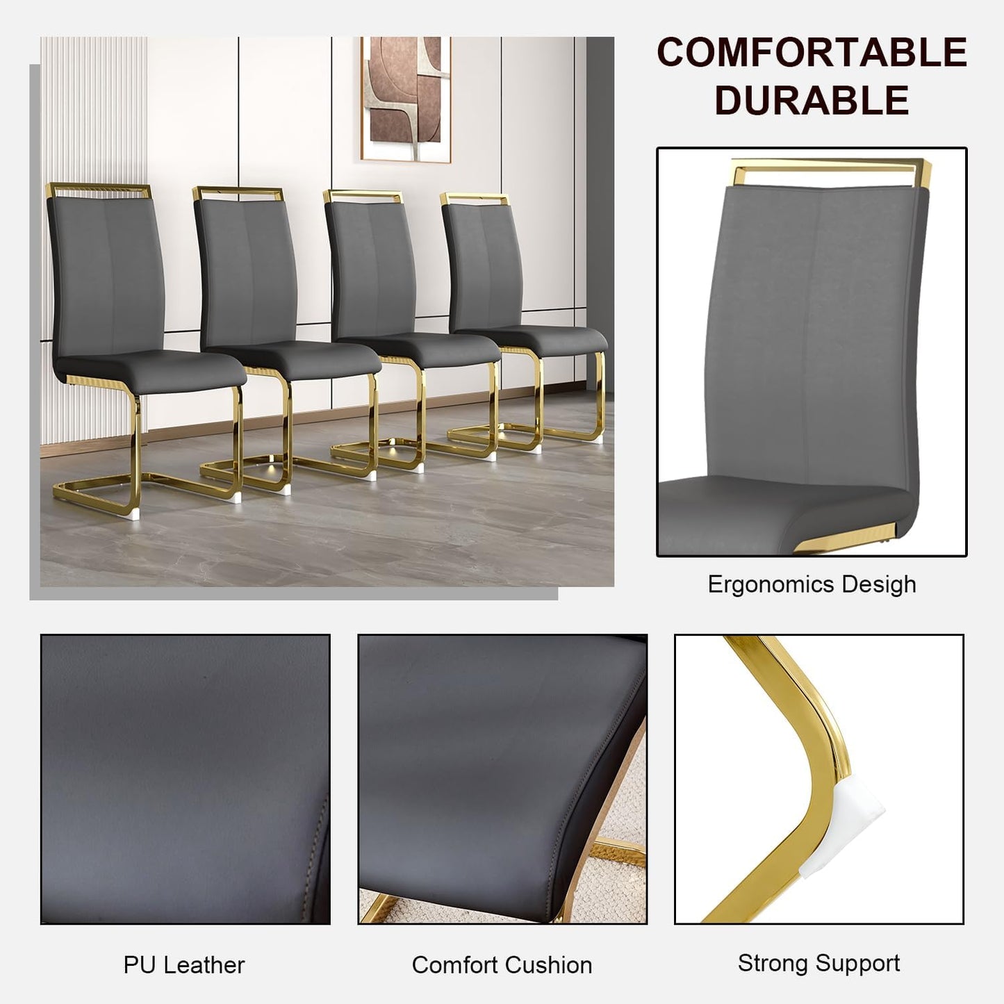 Modern Dining Chairs Set of 6,High Back Grey Kitchen Chairs,Faux Leather Side Chair with Gold Plated Metal Legs,Easy to Clean Upholstered Dining Chairs,Ideal for Living Room(Gold Leg)