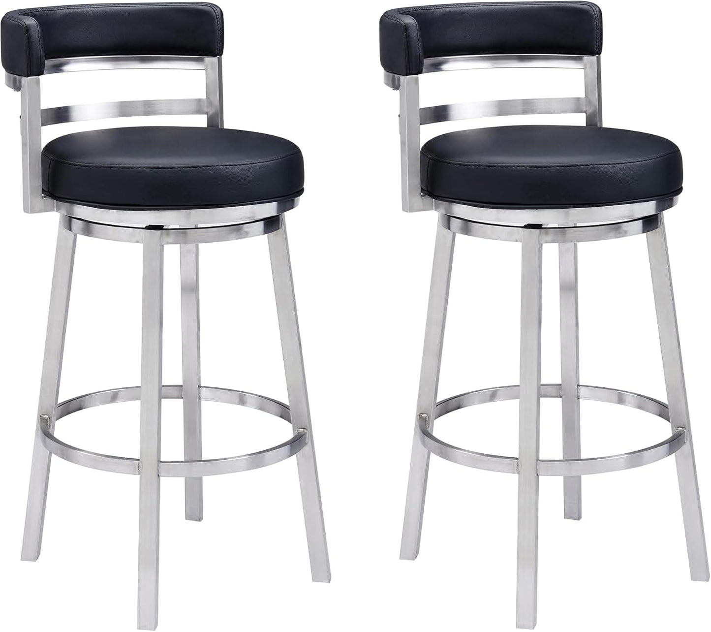 Armen Living Madrid 30" Seat Height Swivel Modern Black Faux Leather and Brushed Stainless Steel Bar Stool for Kitchen Island Counter, Set of 2