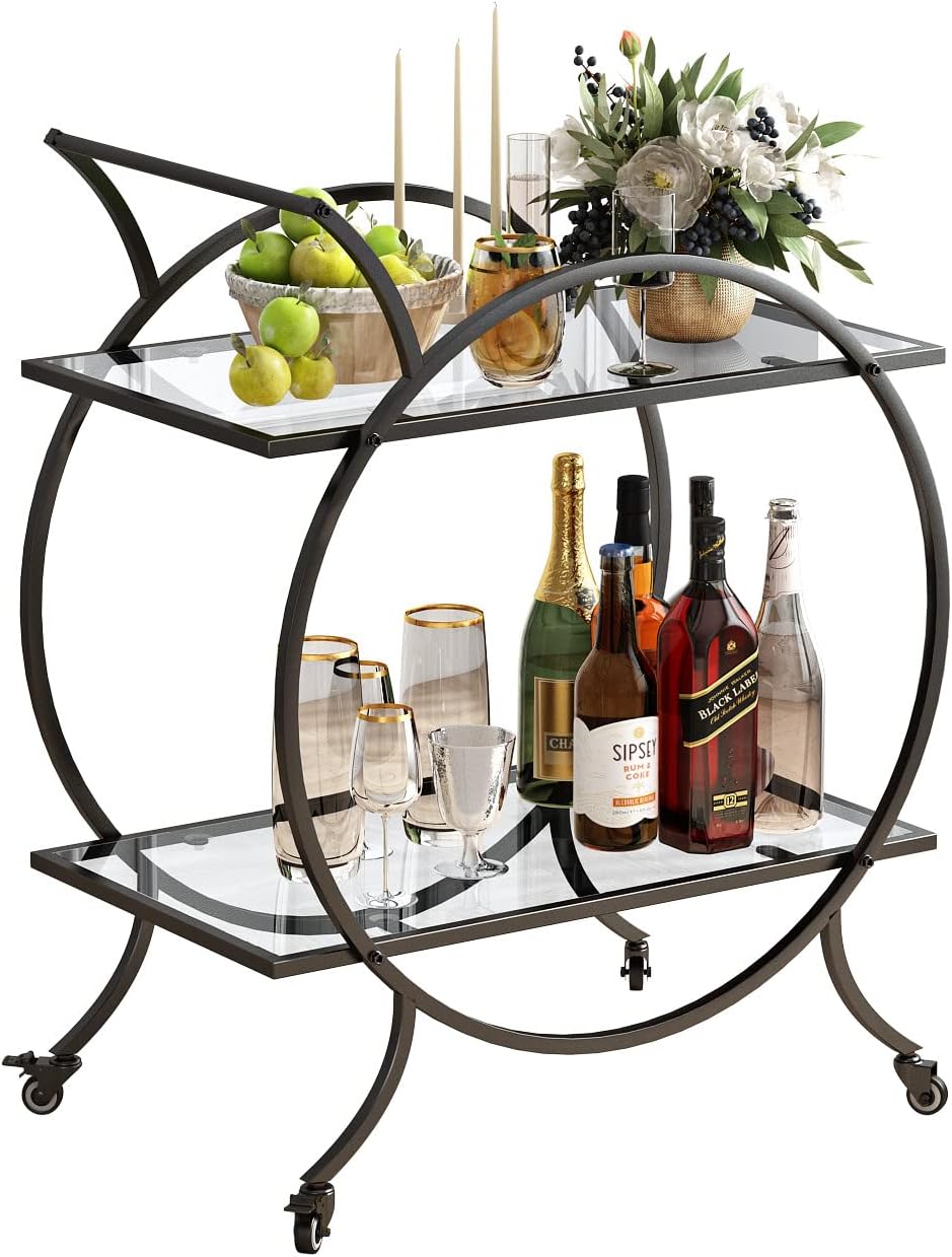 Industrial Bar Carts for The Home Bar Serving Cart, Rolling Bar Cart Black with Lockable Caster Wheels, Glass Bar Carts with 2 Mirrored Shelves, Storage Wine Carts for Kitchen, Party