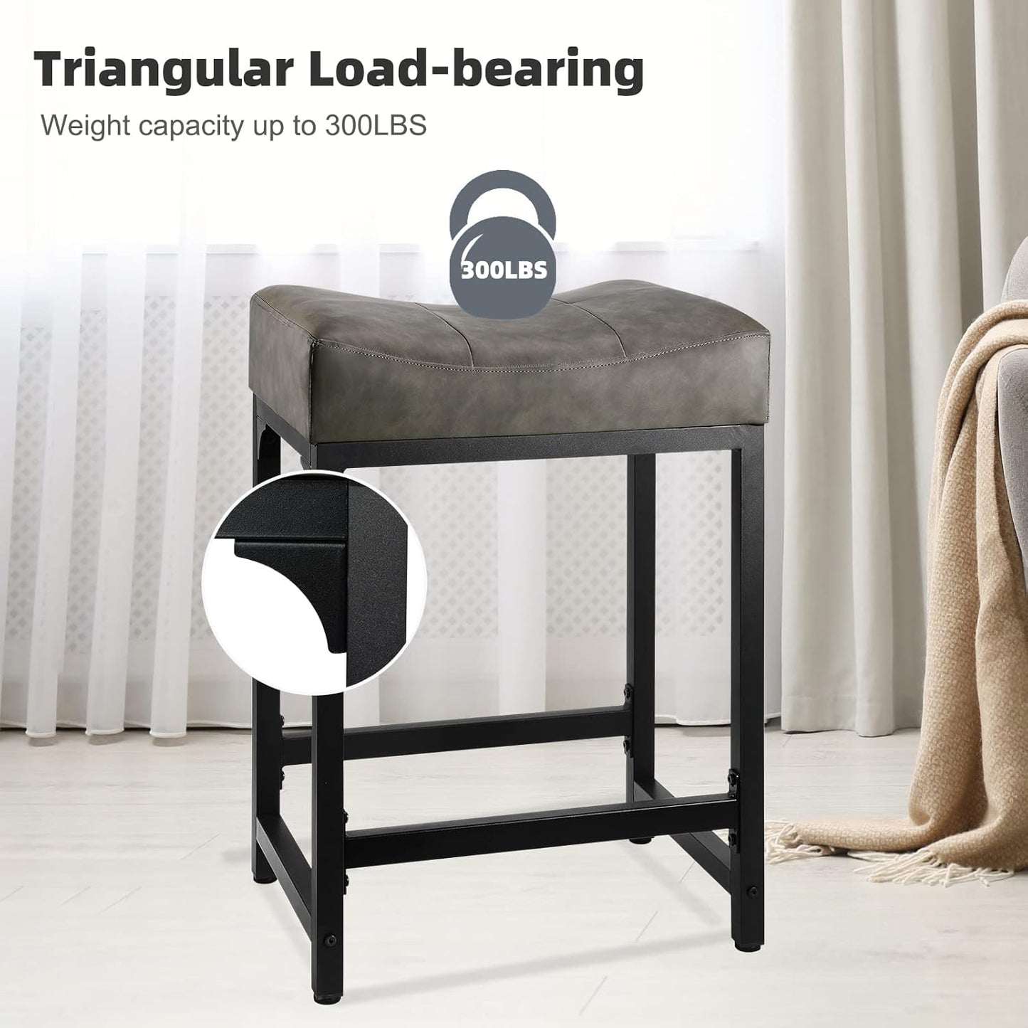 Counter Height Bar Stools Set of 2, 24 Inch Stools for Kitchen Counter with Thick Saddle Seats and Barstools Metal Frame, Modern Backless Counter Height Stool for Kitchen Island Bar Grey