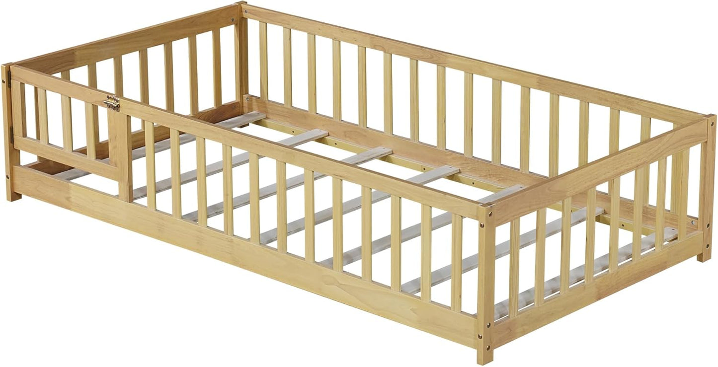 Twin Floor Bed Frame with Slats and Safety Guardrail, Wood Twin Size Montessori Floor Bed with Door and Fence, Easy Assemble Montessori Beds for Kids, Girls, Boys, Natural