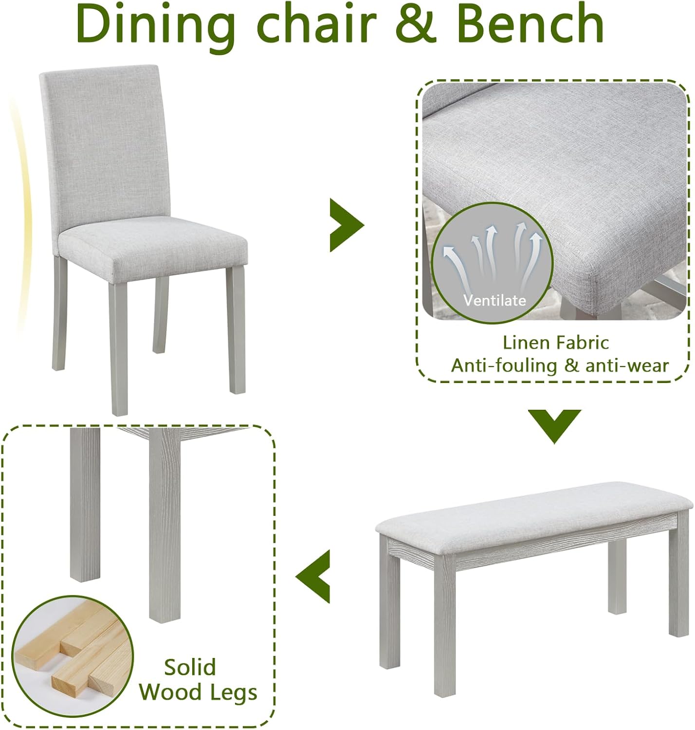 soges 6 Piece Wooden Dining Table Set, Dining Room Table with 4 Upholstered Chairs and Bench, Rectangular 6-Person Kitchen Dining Table Set with Crystal Decoration, Silver Grey