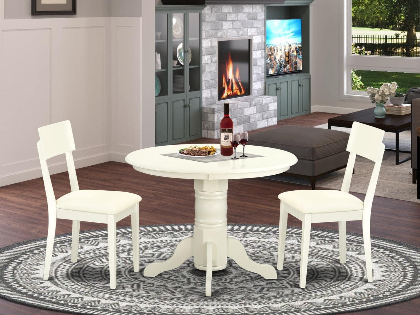 East West Furniture SHAD3-LWH-LC 3 Piece Kitchen Table & Chairs Set Contains a Round Dining Room Table with Pedestal and 2 Faux Leather Upholstered Chairs, 42x42 Inch, Linen White
