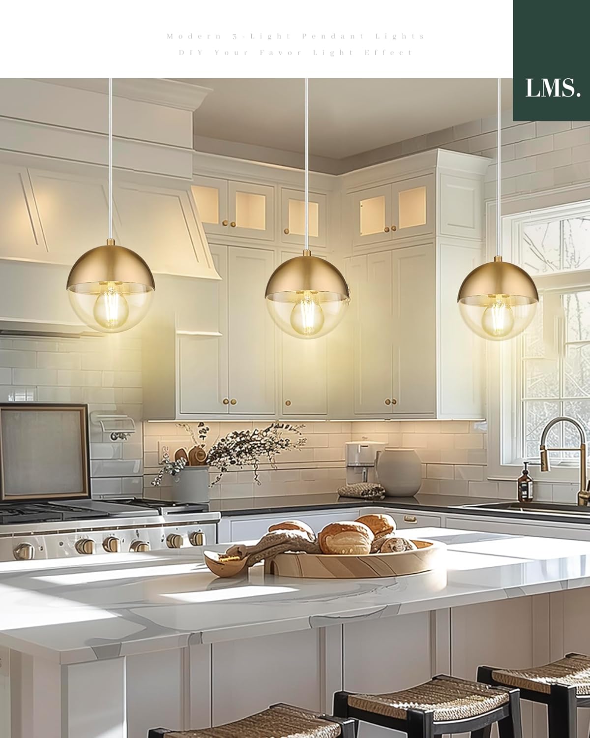 LMS 6-inch Modern Pendant Light, Brushed Gold Industrial Kitchen Island Pendant Light with Clear Globe Glass, Adjustable Hanging Pendant Light Fixtures for Dining Room Living Room, LMS-186BGCS