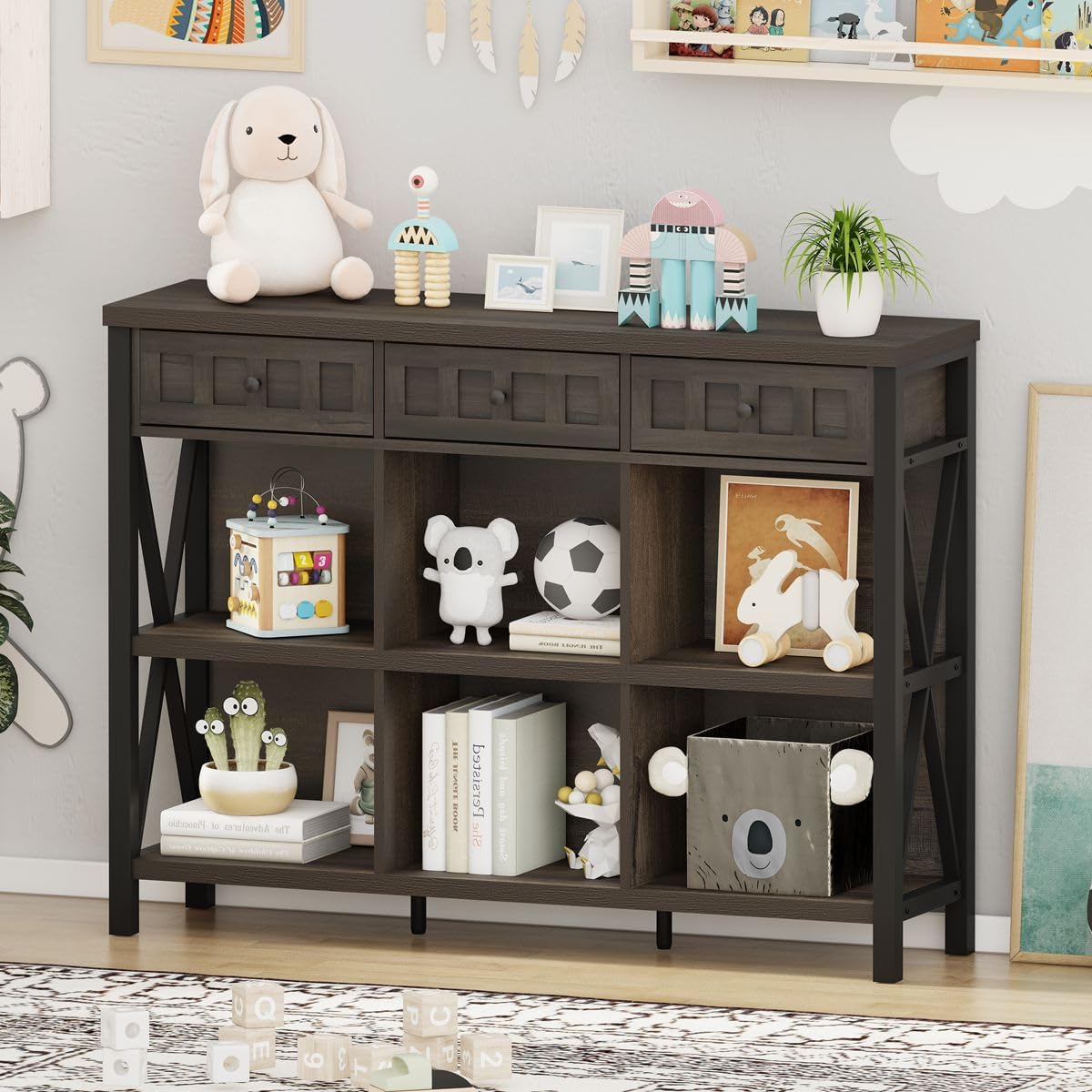 FATORRI Rustic 6 Cube Storage Organizer Bookshelf with 3 Drawers, Short Low Horizontal Bookshelf for Living Room, Industrial Wood and Metal Cubby Bookcase for Home Office (Walnut Brown, 47 Inch)