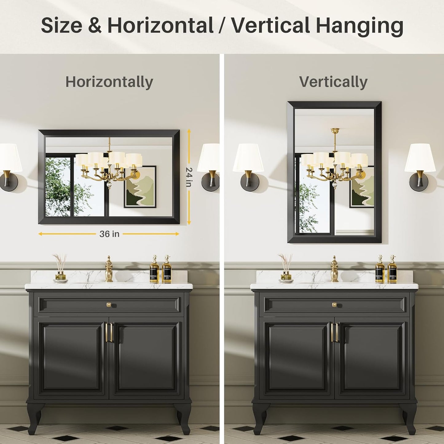 24x36 Inch Black Bathroom Mirror for Wall, Thick Metal Framed Rectangle Mirrors for Over Sink, Bedroom, Living Room, Entryway, Anti-Rust, HD Tempered Glass