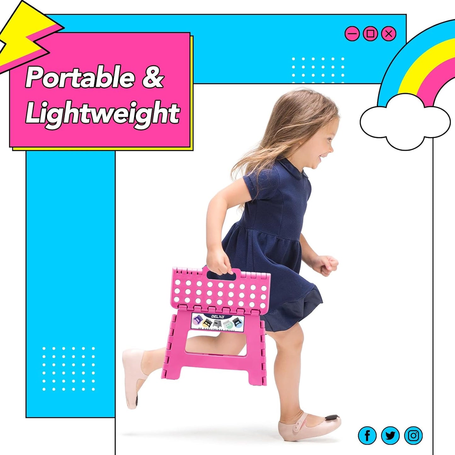 Delxo Folding Step Stool, 9 inch Non-Slip Foldable Stools Up to 300 LBS, Step Stool with Handle, Lightweight for Kitchen, Bathroom, Bedroom, Garden, Rose Pink, 1PC