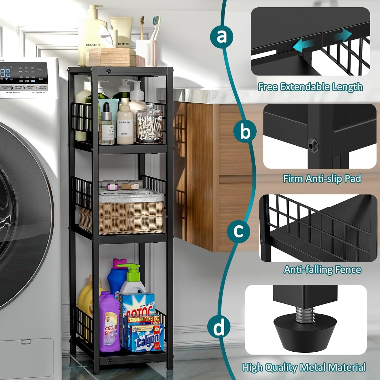 Expandable Slim Storage Shelf, 4 Tier Metal Shelving Unit for Bathroom Storage Organizer, Freestanding Narrow Shelf for Small Spaces, Open Floor Shelves for Bathroom, Laundry Room, Kitchen