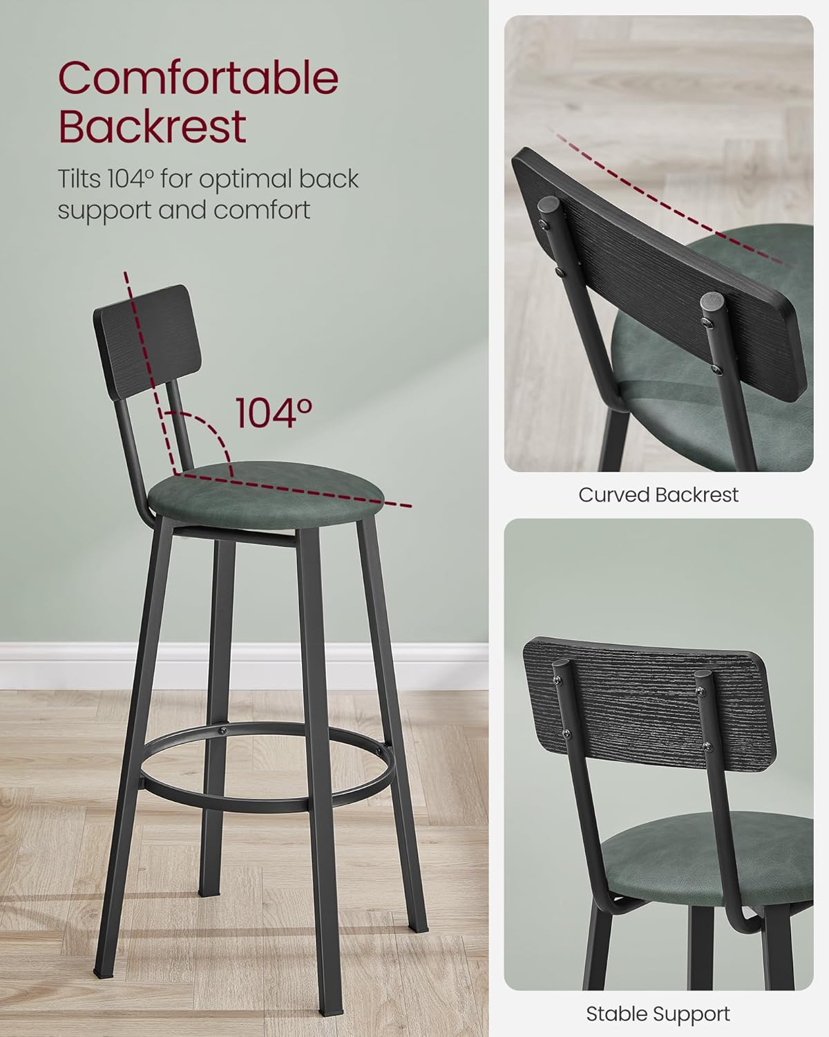VASAGLE Bar Stools, Set of 2 PU Upholstered Breakfast Stools, 29.7-Inch Barstools with Back and Footrest, Simple Assembly, for Dining Room Kitchen Counter, Classic Black and Forest Green ULBC069C01