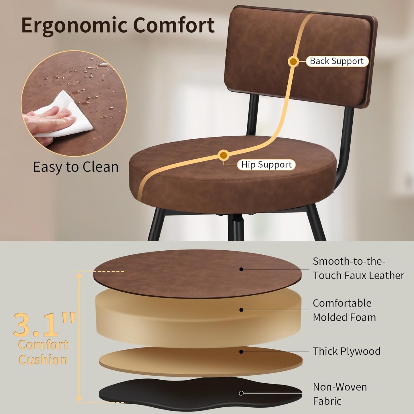 Bar Stools Set of 2, 25 Inch Swivel Bar Stools Bar Chairs, Faux Leather Counter Height Bar Stools with Backrest, Stools for Kitchen Counter Island Rustic Farmhouse, Brown